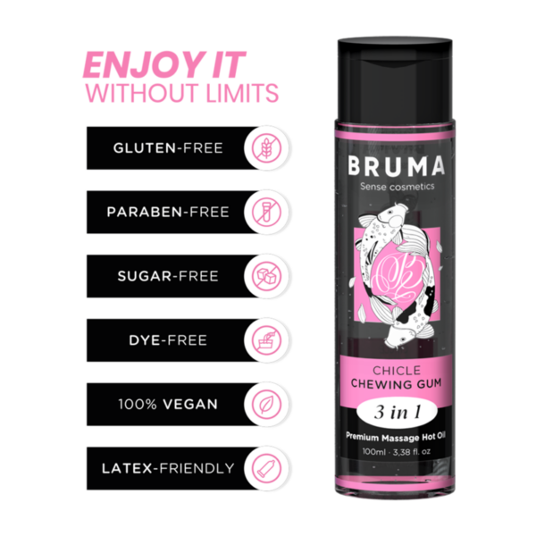 BRUMA – ACEITE DE MASAJE PREMIUM EFECTO CALOR SABOR CHICLE 3 EN 1 – 100 ML