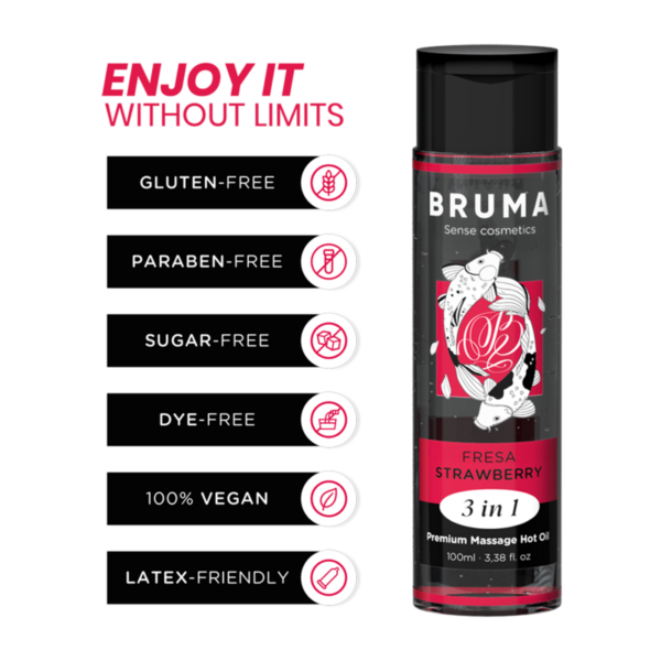 BRUMA – ACEITE DE MASAJE PREMIUM EFECTO CALOR SABOR FRESA 3 EN 1 – 100 ML
