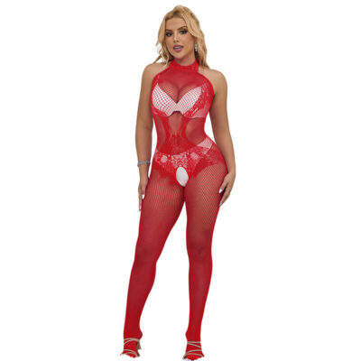 SUBBLIME – 952372 BODYSTOCKING CROTCHLESS DE REJILLA Y ENCAJE CON CUELLO ALTO ROJO TALLA ÚNICA