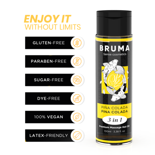 BRUMA – ACEITE DE MASAJE PREMIUM EFECTO CALOR SABOR PIÑA COLADA 3 EN 1 – 100 ML
