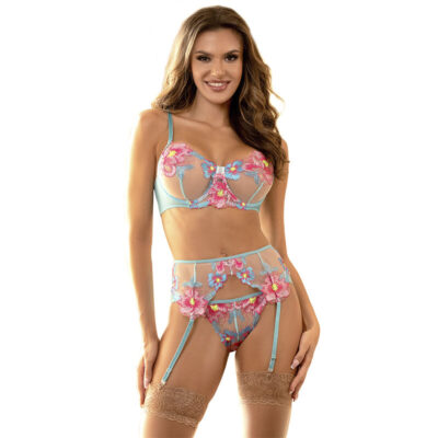 SUBBLIME – 954116 SUJETADOR + PANTIES CON LIGUERO DISEÑO FLORAL AZUL L/XL