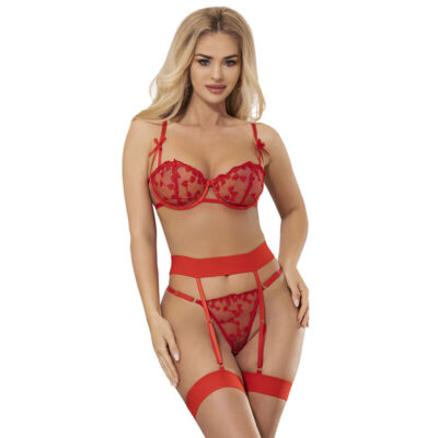 SUBBLIME – 954338 SUJETADOR + TANGA + LIGUEROS ESTAMPADO DE CORAZONES ROJO L/XL