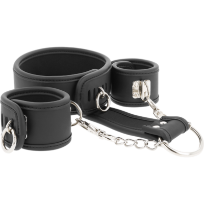 FETISH SUBMISSIVE – COLLAR Y ESPOSAS CUERO VEGANO CON FORRO DE NEOPRENO