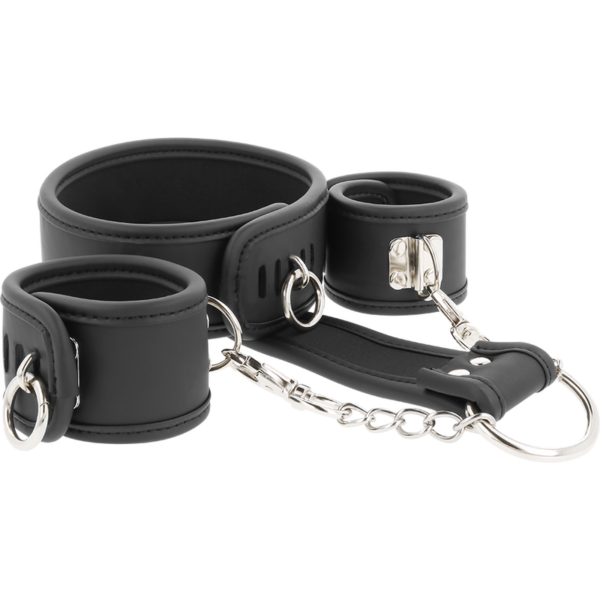 FETISH SUBMISSIVE – COLLAR Y ESPOSAS CUERO VEGANO CON FORRO DE NEOPRENO