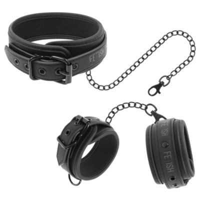 FETISH SUBMISSIVE – COLLAR Y ESPOSAS CUERO VEGANO CON FORRO DE NEOPRENO